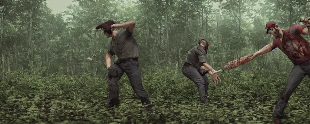 Prompt: A badass male nurse threatening a zombie with a baseball bat inside a lush forest clearing. highly detailed