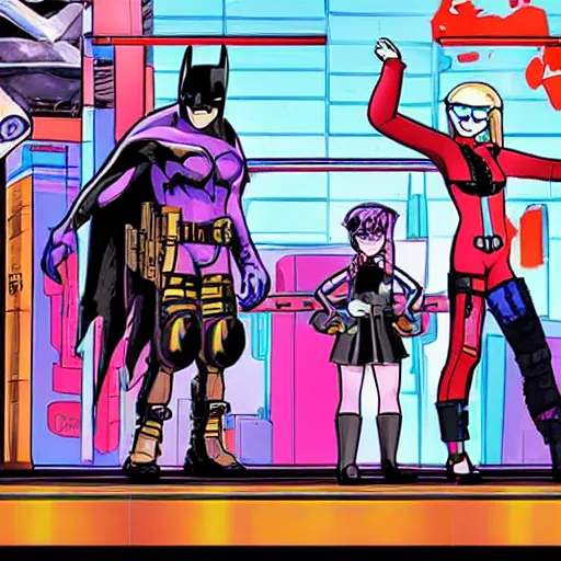 Image similar to cyberpunk Batman, Harley Quinn, Velma, and Shaggy in a platform fighting game