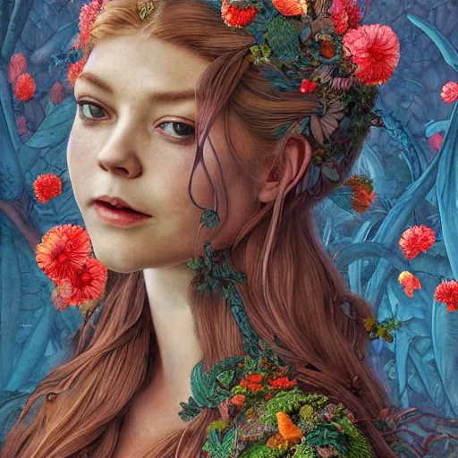 Image similar to margaery tyrell, exterior botanical garden, portrait face, colorful, frantisek kupka, intricate, miles johnston, kuroda seiki, cynical realism, ozabu, john william godward, painterly, yoshitaka amano, moebius, miles johnston, louise zhang, james jean, mark ryden lowbrow pop surrealism art style