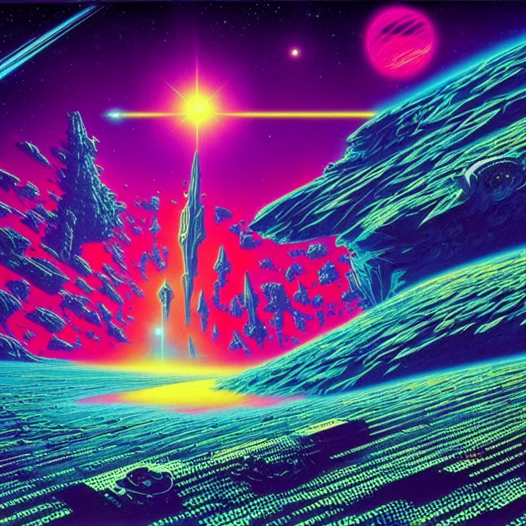 Image similar to edge of interstellar space, synthwave, bright neon colors, highly detailed, cinematic, tim white, philippe druillet, roger dean, ernst haeckel, lisa frank, vladimir kush, kubrick, kimura, isono