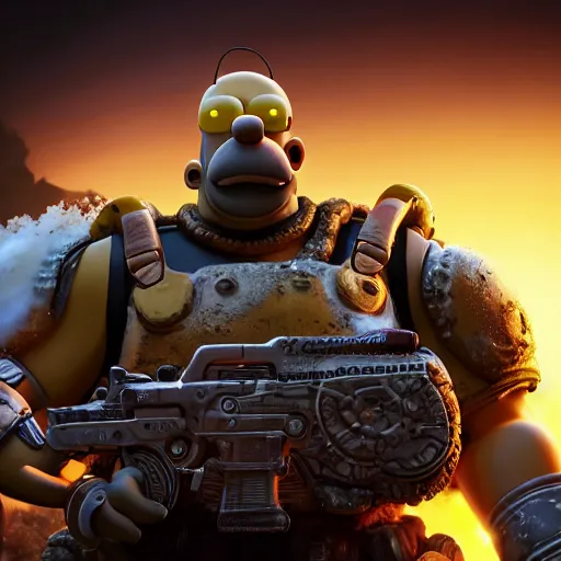 Image similar to Homer Simpson in Gears of War, splash art, movie still, cinematic lighting, dramatic, octane render, long lens, shallow depth of field, bokeh, anamorphic lens flare, 8k, hyper detailed, 35mm film grain