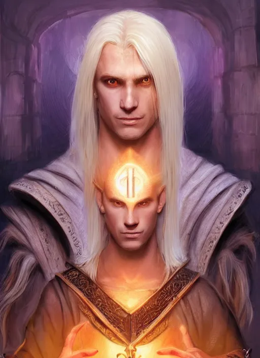 Image similar to male priest blonde parted hair healer, dndbeyond, bright, colourful, realistic, dnd character portrait, full body, pathfinder, pinterest, art by ralph horsley, dnd, rpg, lotr game design fanart by concept art, behance hd, artstation, deviantart, global illumination radiating a glowing aura global illumination ray tracing hdr render in unreal engine 5