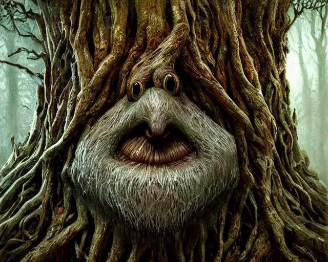 Image similar to a talking tree, a face in the bark, mouth in the bark, nose made of wood, eyes in the bark, fantasy concept art, digital painting, oil painting, hyperrealistic, beautiful, treebeard, ent, magical, highly detailed, soft lighting, very detailed eyes, artstation, cgsociety, in the forest, by alan lee, by artgerm