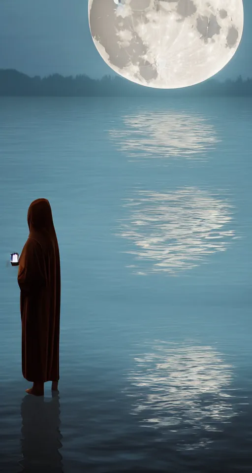 Prompt: beautiful digital painting of a robed figure standing at the side of a dark lake, looking at the reflection of the moon in the water realistic, colorful, highly detailed, unreal engine