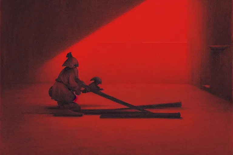 Image similar to only with red, a red samurai do seppuku, tokio, a lot of frogs watch, in the style of beksinski, parts by edward hopper, parts by rodcenko, parts by yue minjun, intricate and epic composition, red by caravaggio, insanely quality, highly detailed, masterpiece, red light, artstation, 4 k