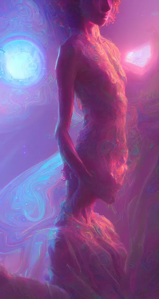 Image similar to a psychedelic being living in an extradimensional reality, in the style of wlop, illustration, epic, fantasy, hyper detailed, smooth, unreal engine, sharp focus, ray tracing, physically based rendering, renderman, beautiful