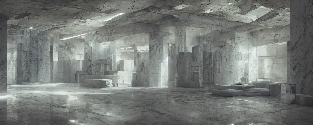 Prompt: Roman marble brutalist interior, soft furniture, plants, blade runner, sci fi, stunning detail, cyberpunk, 8k, cinematic lighting, sublime, organic volumetric lights, cinematic, octane render, dreamlike, psychedelic, otherworldly, weird, vaporwave, interesting details, volumetric lighting, dramatic, fantasy, by Moebius, by zdzisław beksiński, Fantasy LUT, epic composition, 8k,