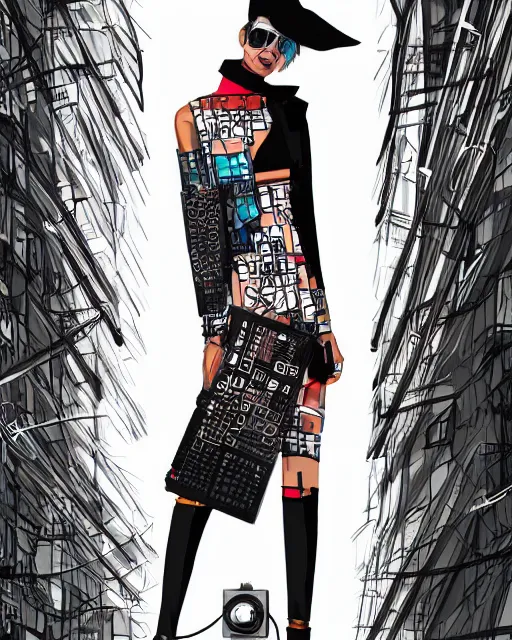 Image similar to cypherpunk fashion illustration, camera face, city street background with high tall buildings, abstract portrait highly detailed, finely detailed