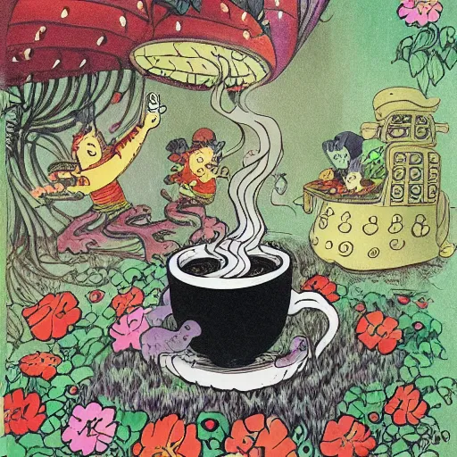 Prompt: highly detailed illustration of friendly monsters laughing and dancing around beautiful steaming cups of coffee, amongst coffee beans and flowers, and rainbows in the style of Japanese illustration, Maurice Sendak, Tove Jansson