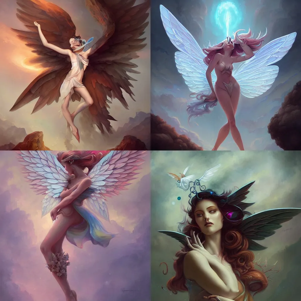 Prompt: a beautiful fairy with iridescent wings digital painting by Peter Mohrbacher