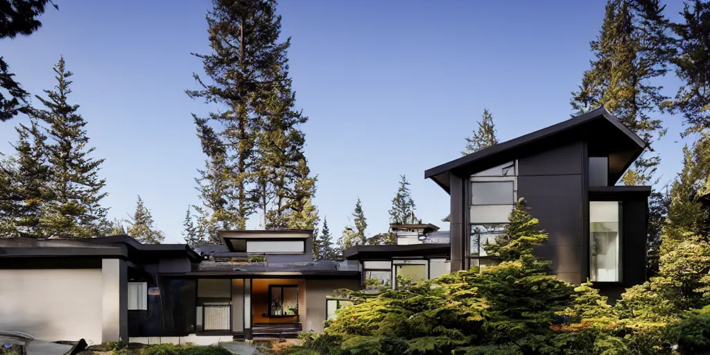 Prompt: futuristic residence, neo - japanese, pacific northwest, black tile roof