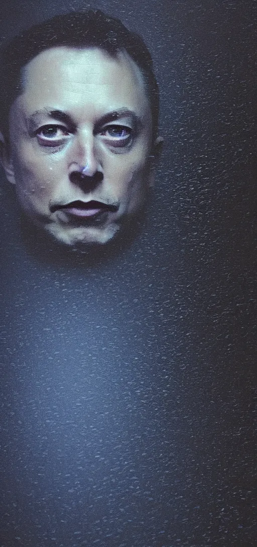 Image similar to dark photo of dark blue rainy bedroom window at night, dimly lit creepy face of elon musk staring in through the window, horror, scary face,