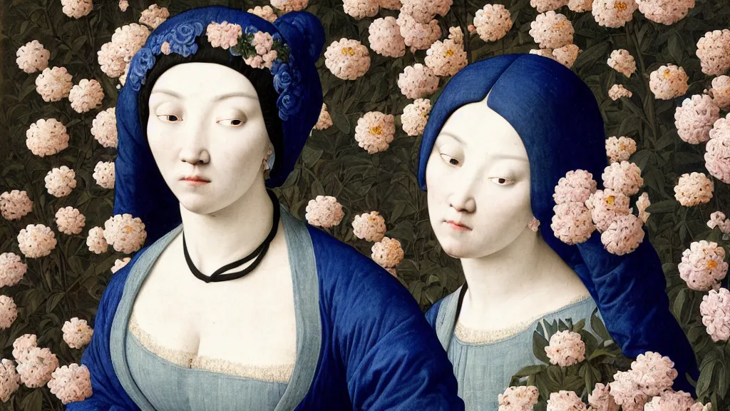 Prompt: portrait of a woman with blue hair, wearing a black hoodie, fully clothed, standing in a garden full of flowers and trees, intricate details, high detail, in a renaissance style, super-flat, in the style of Jean Auguste Dominique Ingres, James Jean, punk, Asian art,