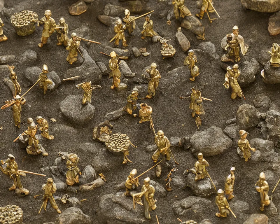 Prompt: close-up, hi-res photo of miniature tin soldiers navigating a zen garden.