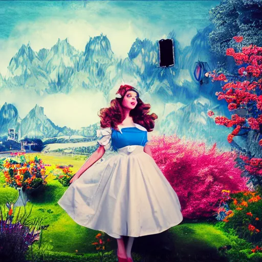 Prompt: giant alice in wonderland, pin up, houses, trees, mountains, woman, city, digital art, photo, blue dress, photoshop, flowers, collage, river, up