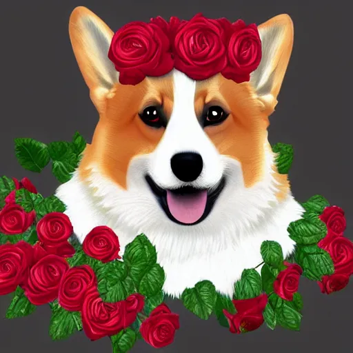 Prompt: A corgi with a crown made out of roses, artstation, highly detailed, digital art