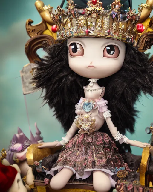 Prompt: highly detailed closeup, face profile portrait of a tin toy fumo plush anime goth fairytale princess wearing a crown and sitting on a throne, bikini, depth of field, nicoletta ceccoli, mark ryden, lostfish, dan decarlo, bob clampett, max fleischer, detailed and intricate environment, 8 k resolution, hyperrealistic, octane render