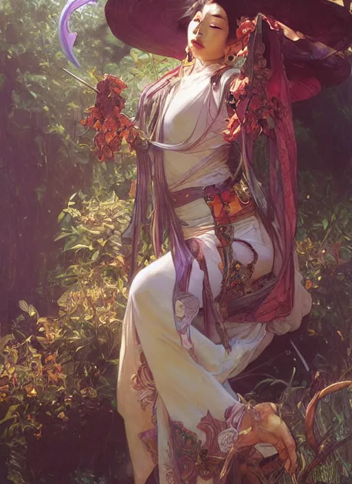 Prompt: oriental witch in elder ring by stanley artgerm lau, greg rutkowski, thomas kindkade, alphonse mucha, loish, norman rockwel