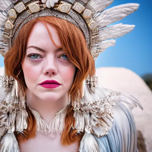 Image similar to Emma Stone as a Greek Goddess, Sony a7R IV, symmetric balance, polarizing filter, Photolab, Lightroom, 4K, Dolby Vision, Photography Award