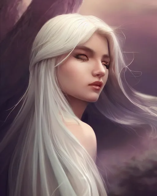 Prompt: a beautiful female cleric, ethereal, dreamy, backlit, silky white hair, realistic face, realistic lighting, sharp focus, hair in the wind, rule of thirds, by artgerm, wlop, rossdraws, frank frazetta, andrei riabovitchev, trending on artstation, hd, 4 k, fantasy