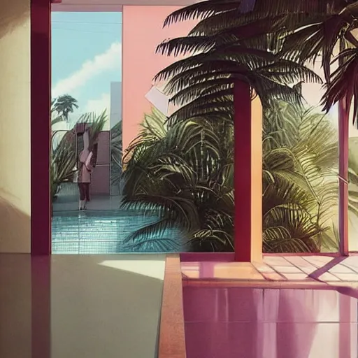 Prompt: indoor space, golden light, greg rutkowski, palm trees, pink door, minimalistic, hyperrealistic surrealism, award winning masterpiece with incredible details, epic stunning, infinity pool mirrors, a surreal vaporwave miami vice space, highly detailed, trending on artstation, artgerm and greg rutkowski and alphonse mucha, daily deviation