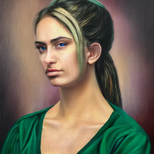 Prompt: exquisite oil painting on canvas of a woman's portrait, gorgeous face, pony tail, porcelain looking skin, blonde hair, piercing stare, green eyes, unique and intricate painting, working at a fast food local, majestic, 4 k, ultra high quality, photorealistic, by annie leibovitz