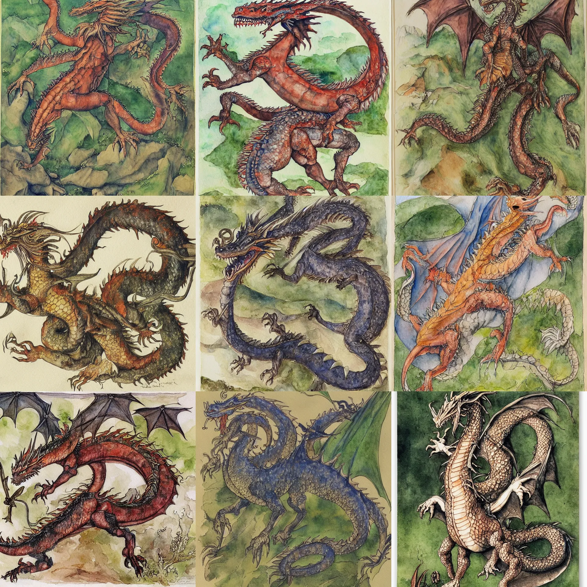 Prompt: a full body dragon by Albrecht Dürer, nature study, watercolor