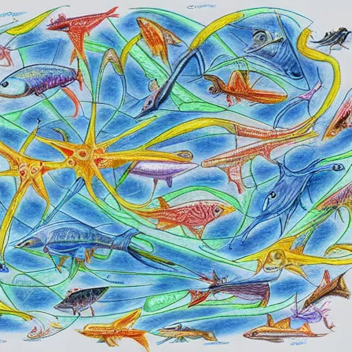 Prompt: A network map of fish, color pencil drawing, mega detail