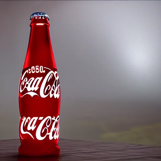 Image similar to advertising in the center of a bottle of coca - cola, droplets flow down the bottle, soft warm light, ultra - quality, super elaboration of details, play of light, yellow light shines through, focus unreal engine 5,