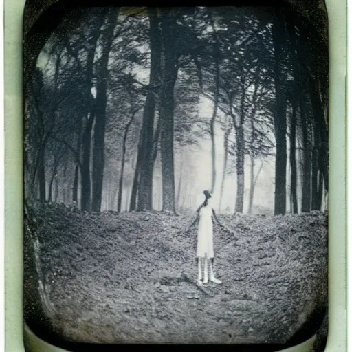 Image similar to an ancient evil-girl on a mysterious fractal forest, mist, 1910 polaroid photography, Black and white