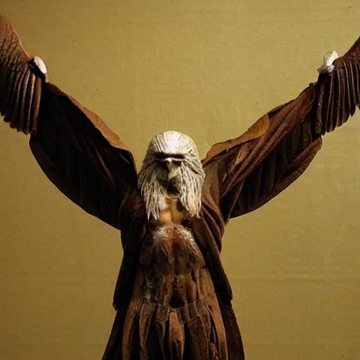 Image similar to human - eagle creature with one big beak, drawn by da vinci