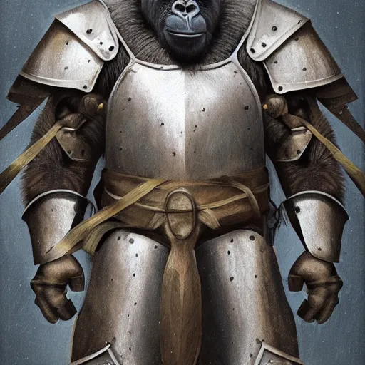 Prompt: smiling gorilla wearing medieval suit of armor, illustration, concept art, art by wlop, dark, moody, dramatic
