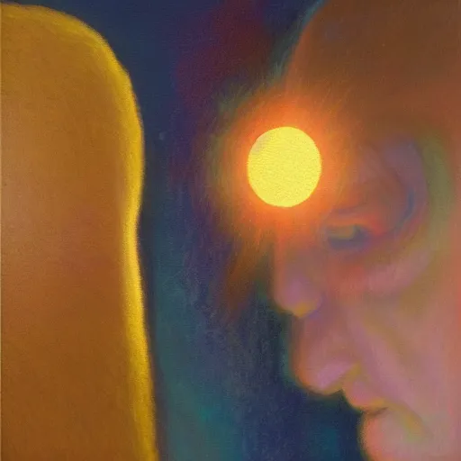 Prompt: An orb of light orbiting around a man's head, oil on canvas painting, pastel colours, depth of field, spot-lighting