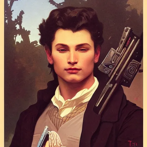 Prompt: a vintage portrait painting of a fantasy male gunslinger, art by tristan eaton and artgerm and william - adolphe bouguereau