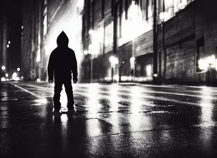 Image similar to boy from the back with a black hoodie staing at a white glowing angel in the sky, empty city street at night where there are only cars parked, heavy rain, dramatic lighting, cinematic, establishing shot, extremly high detail, photorealistic, cinematic lighting, post processed