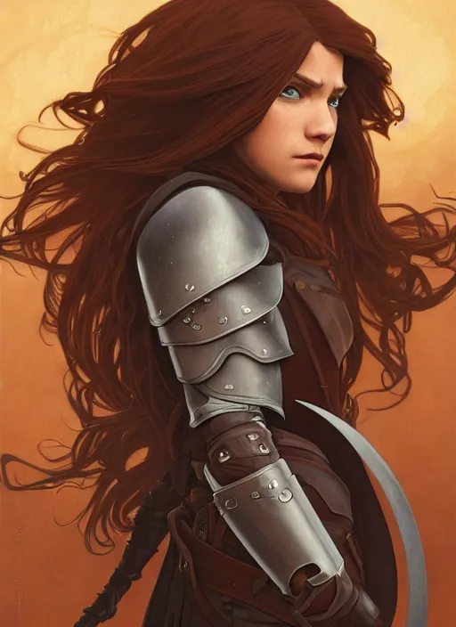 Image similar to strong female rogue in leather armor and cloak with long glowing brown hair, path traced, highly detailed, high quality, digital painting, by studio ghibli and alphonse mucha, leesha hannigan, makoto shinkai, disney