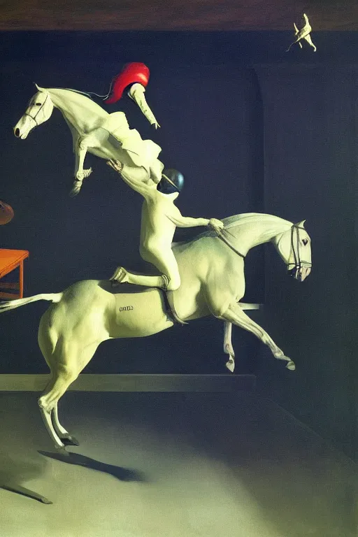 Prompt: horse levitates over an astronaut, hauntingly surreal, highly detailed painting by francis bacon, edward hopper, adrian ghenie, gerhard richter, and james jean soft light 4 k,