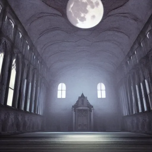 Image similar to large gothic hall with large moon on the ceiling, horror movie, soft light, artstation, detailed, colorfull