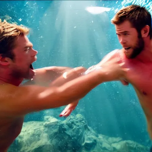 Prompt: chris hemsworth beating up liam hemsworth under the sea