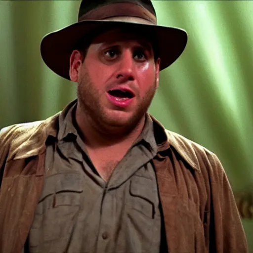 Image similar to Jonah Hill as indiana jones in raiders of the lost ark, 8k resolution, full HD, cinematic lighting, award winning, anatomically correct