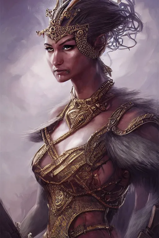 Prompt: a portrait of a anthropomorphic an ancient mesopotamia warrior goddess, D&D, fantasy, intricate, highly detailed, digital painting, artstation, concept art, smooth, sharp focus, illustration, art by artgerm