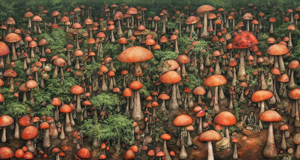 Image similar to A tribal village in a forest of giant mushrooms, by Dan Witz