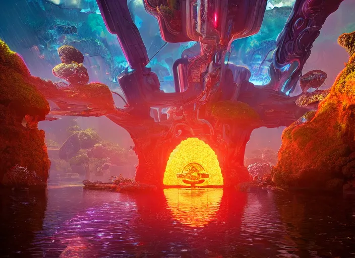 Image similar to a nether portal with futuristic technology on a humongous paradise biome, fantasy, hyper realism, wet reflections, intricate, digital art, detailed, studio shot, unreal engine 5, octane, high definition, smooth, artstation, behance