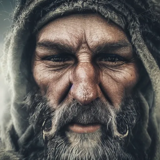 Image similar to close up realistic face of a druid man, light fog,