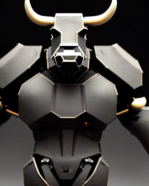 Image similar to a full body shot of an imposing cyborg bull modeled after a bull looking into the camera, contrast lighting, black skin!!!, intricate pattern, hard rubber chest, highly detailed, android, cyborg, full body shot, intricate, 3 d, symmetrical, octane render, fantasy, highly detailed, digital art, artstation, strong bokeh, black face