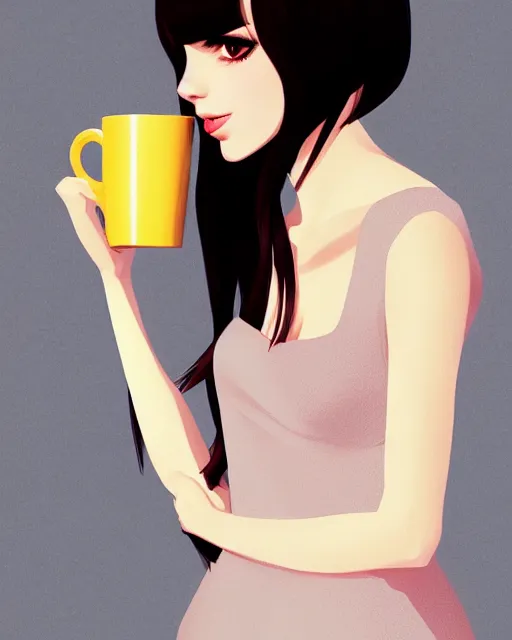 Image similar to a portait of a beautiful dark haired french girl, attractive collarbone and shoulders, holding a mug of hot tea. In the style of ilya kuvshinov, elegant, highly detailed, photorealistic, digital painting, high resolution, artstation, concept art, smooth