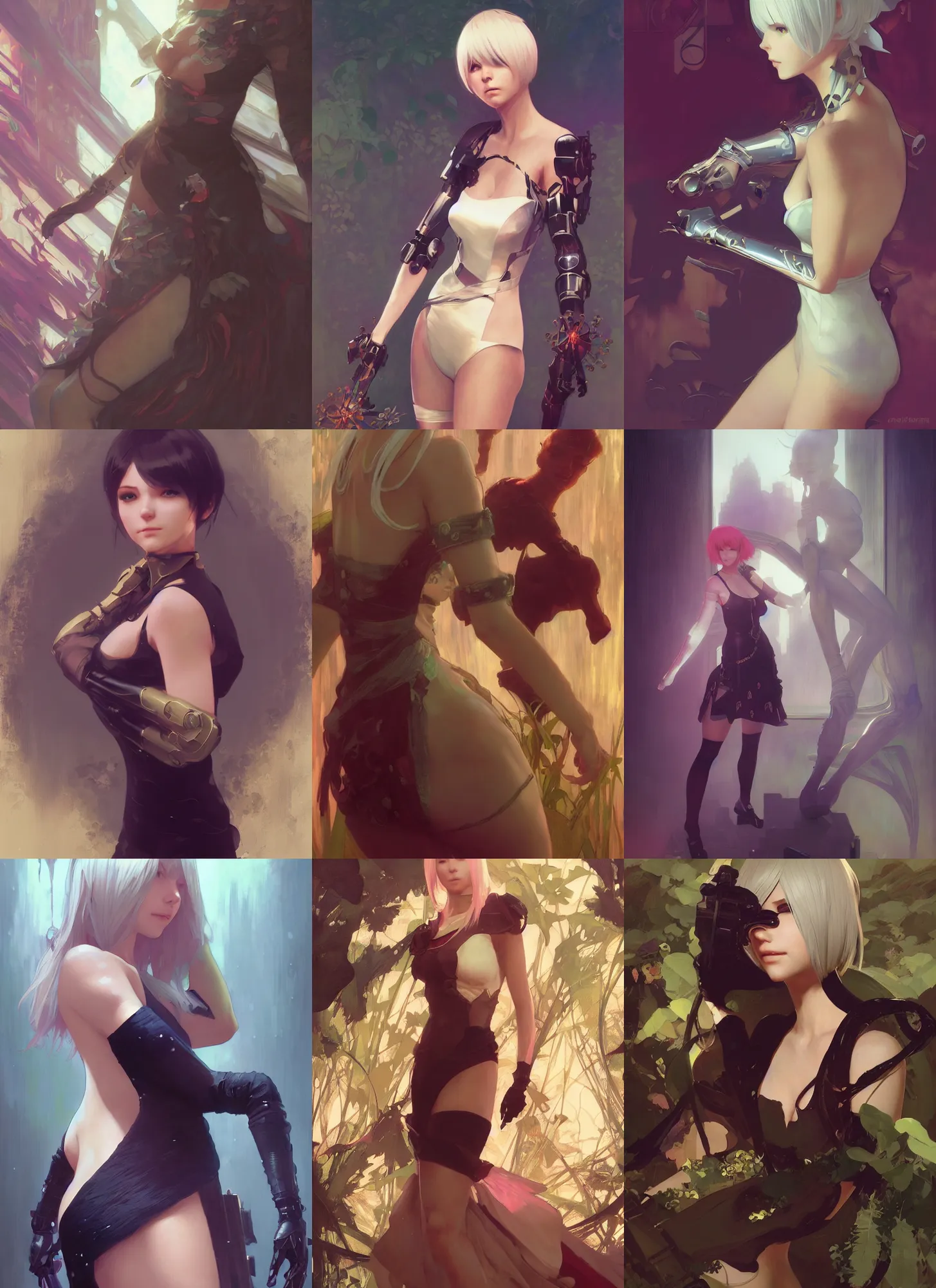 Prompt: nier automata, elegant, vibrant, fantasy, smooth, by ilya kuvshinov, craig mullins, edgar maxence, alphonse mucha, artgerm