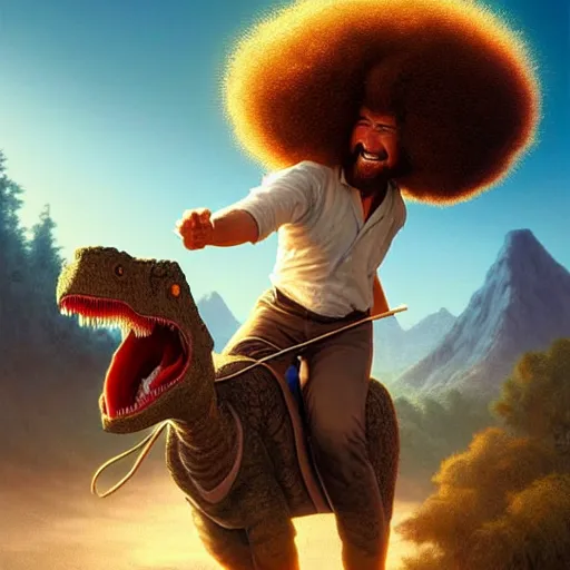 Image similar to bob ross!!! riding!!! a dinosaur!!, giant afro!, model pose, ultra realistic, concept art, intricate details, highly detailed, photorealistic, octane render, 8 k, unreal engine. art by artgerm and greg rutkowski and alphonse mucha