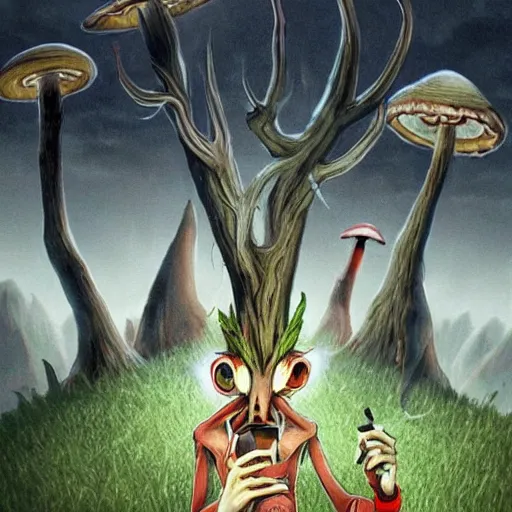 Image similar to a centered chest up portrait of a psychedelic demonic anthropomorphic wendigo smoking a hand - rolled cigarette smoking heavily, magic mushroom village in background. award winning. superb resolution. in the art style of junji ito and greg rutkowski. detailed mushroom city in background. hyper realistic anime. perfect art. dalle 2