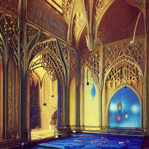 Prompt: detailed painting of interior room with celestial ephemeral ornaments and gothic architecture and blue hammock at far end, artstation, beksinski, cinematic